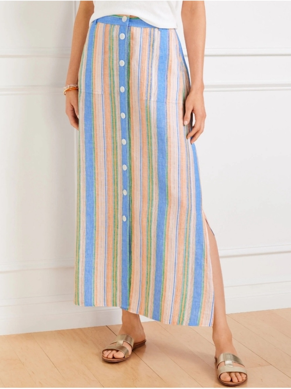 Talbots Linen Striped Button-Front Maxi Skirt - Blue, Green, and Peach